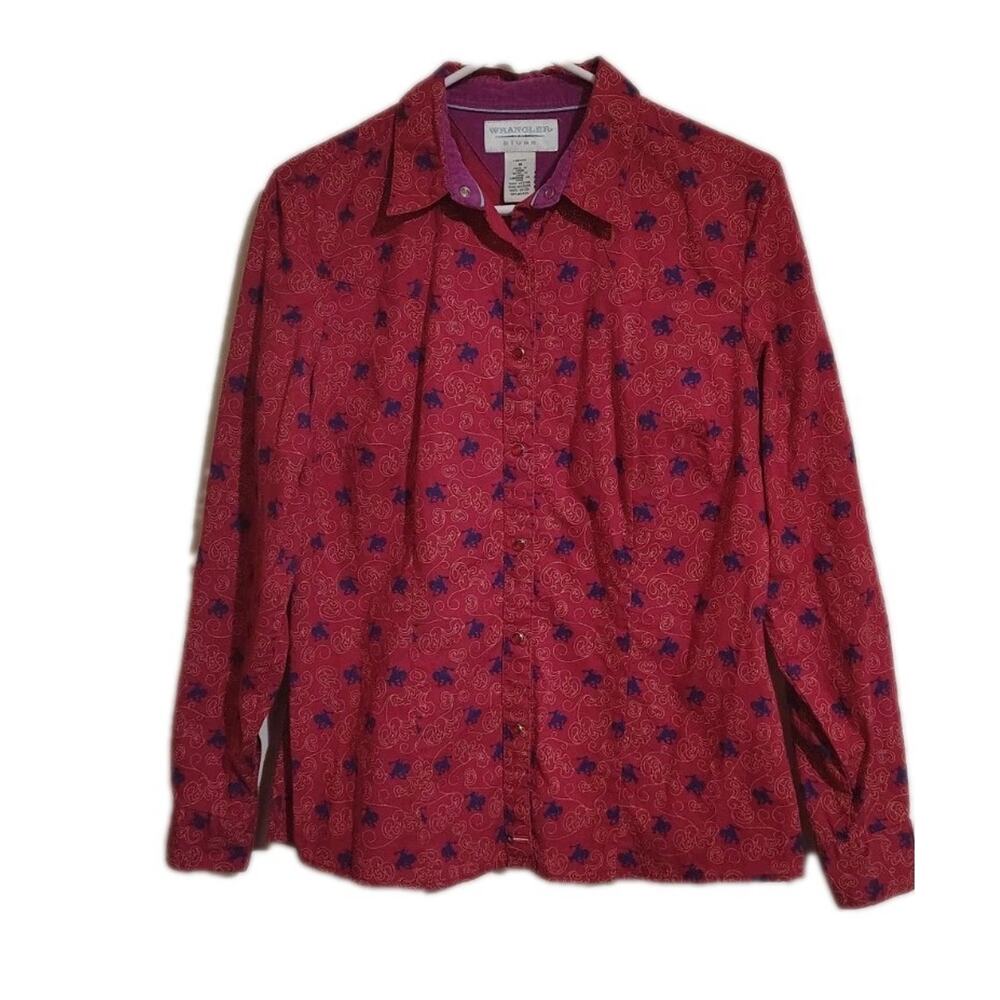 Wrangler Blues Pearl Snap Shirt Size Medium Woman's Blue Bucking Horses Cowgirl